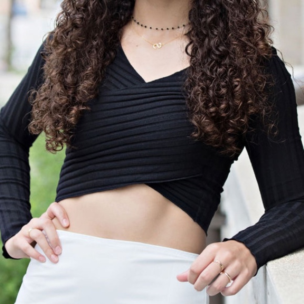 Black Cross Long Sleeve Ribbed Top